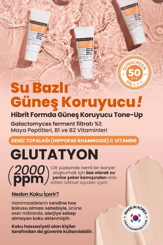 Şeftali Tonlu, Ton Eşitleyici Suya Dayanıklı Vegan Güneş Kremi Derma Factory Waterful Sun Cream 50GR - 3